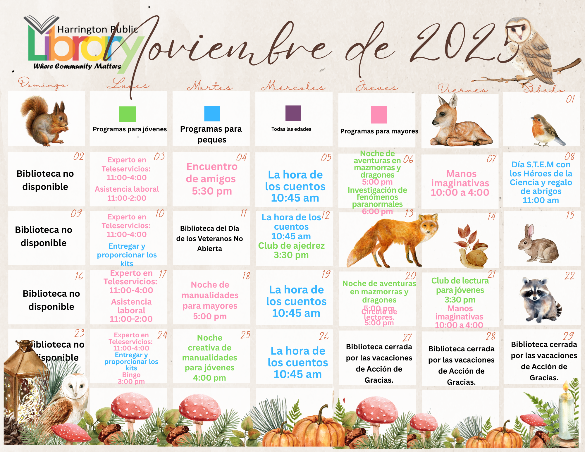 Harrington Library November Calendar of Events In Spanish